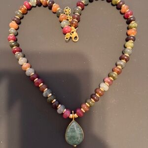 Natural Multi-Gemstone Beaded Necklace with Large Teardrop Pendant